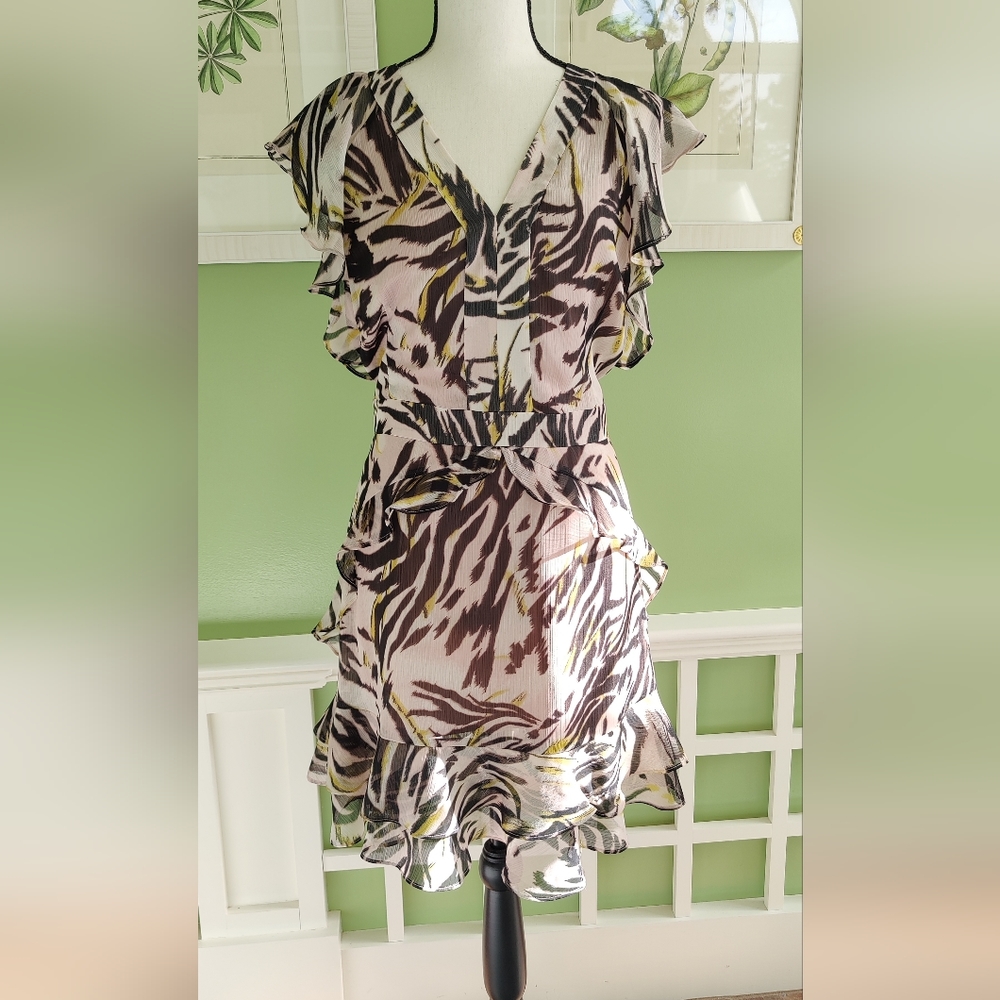 Bar III Womens Pink Sheer Animal Print Cap Sleeve V-Neck Short Sleeve Mini Dress